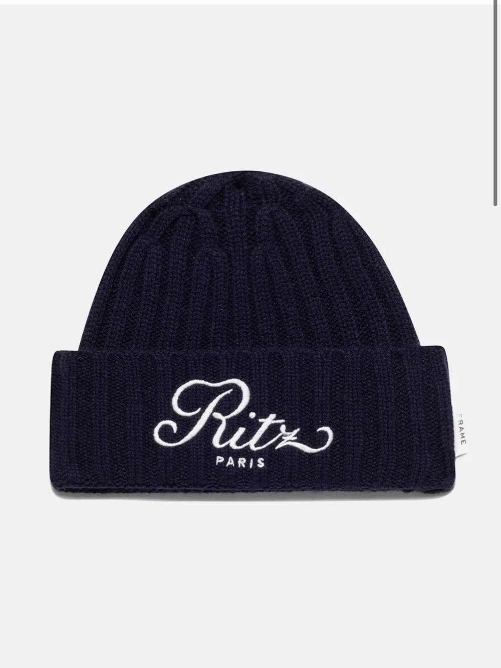 Ritz Paris Ribbed Cashmere Beanie - Navy with White Script